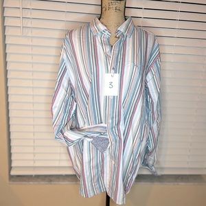 Tommy Bahama button-up shirt, the striped pattern, long sleeves.